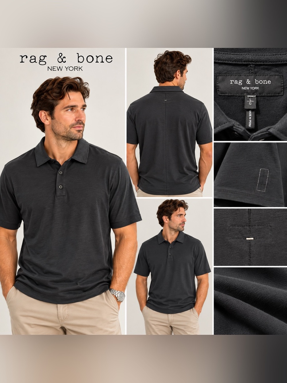 Rag & Bone Men’s L Black Polo Shirt 100% Cotton Short Sleeve Made in Peru